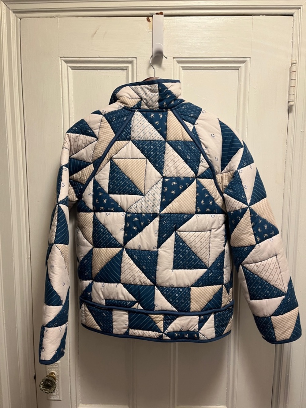 Sezane Leopold Blue & White Quilted Patchwork Jacket - Picture 4 of 5